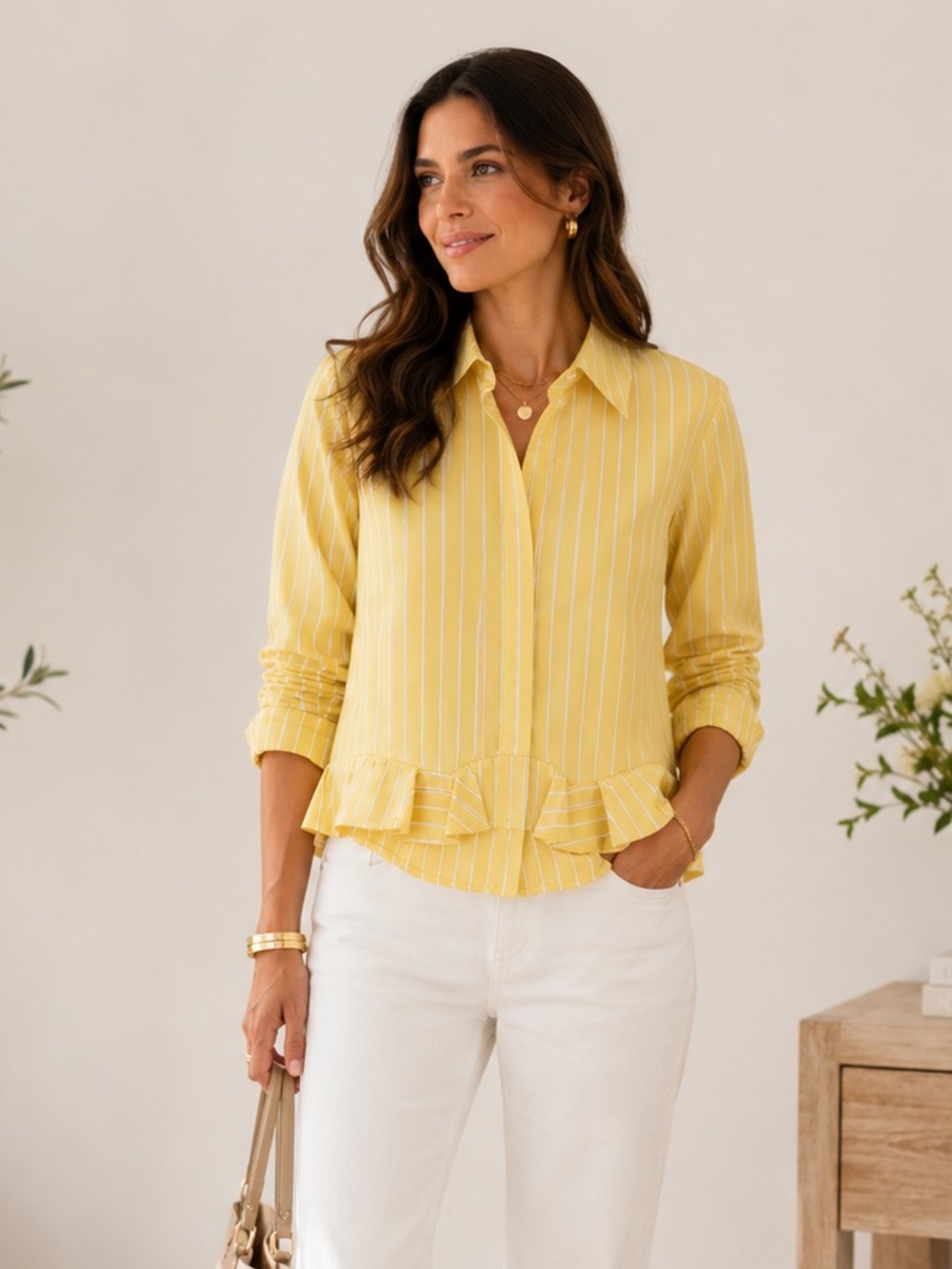 Cabi Yellow White Stripe Ruffle Hem Button Front Blouse Size Medium